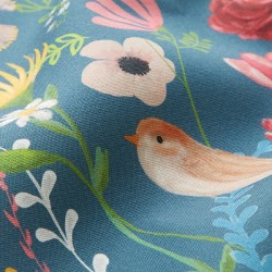 Tissu d'Extérieur Dralon Oiseaux et Fleurs Bleu Acier