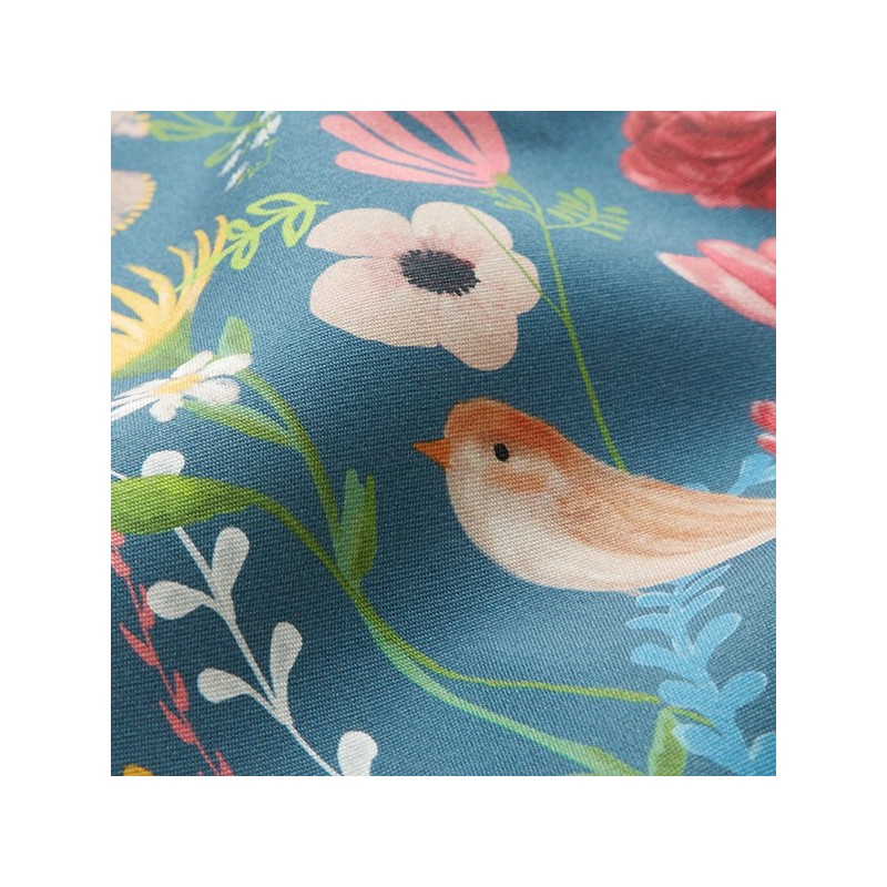 Tissu d'Extérieur Dralon Oiseaux et Fleurs Bleu Acier