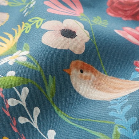Tissu d'Extérieur Dralon Oiseaux et Fleurs Bleu Acier