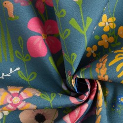 Tissu d'Extérieur Dralon Oiseaux et Fleurs Bleu Acier