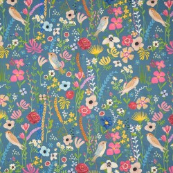 Tissu d'Extérieur Dralon Oiseaux et Fleurs Bleu Acier