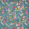 Tissu d'Extérieur Dralon Oiseaux et Fleurs Bleu Acier